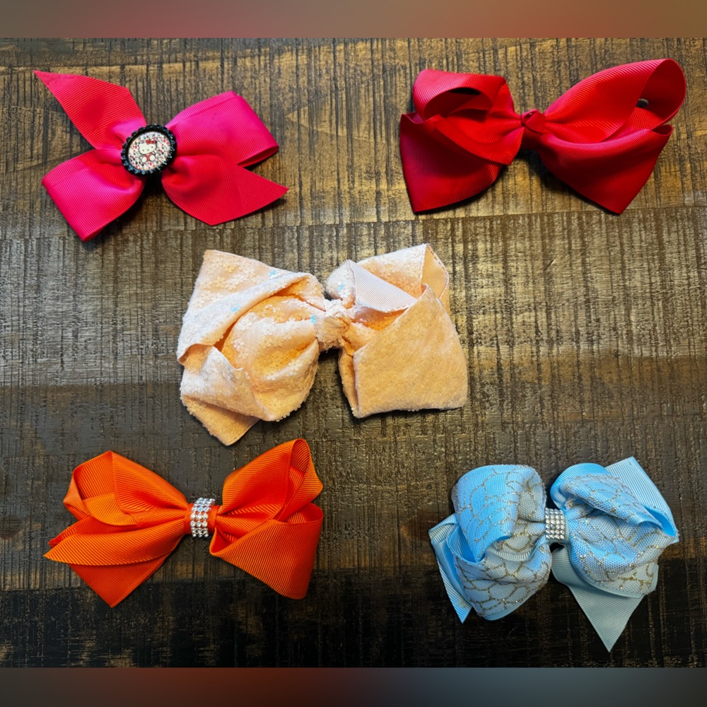 Lot of 5 Girl’s Hair Bows Clips Red Peach Light Blue & Silver Orange Hot Pink